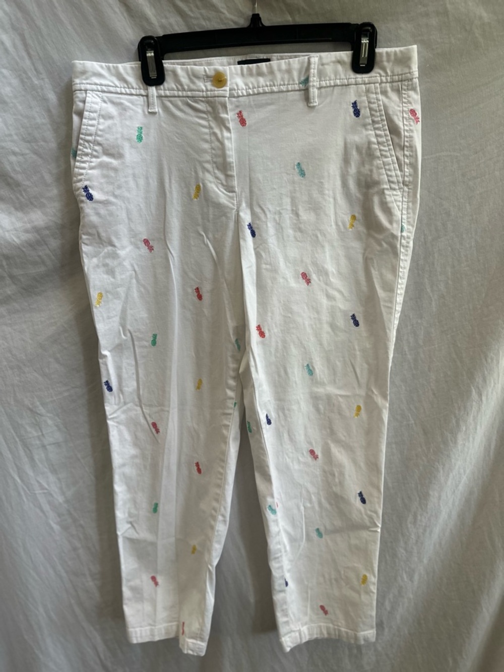Talbots White Ankle Pants with Multicolor Pineapple Embroidery